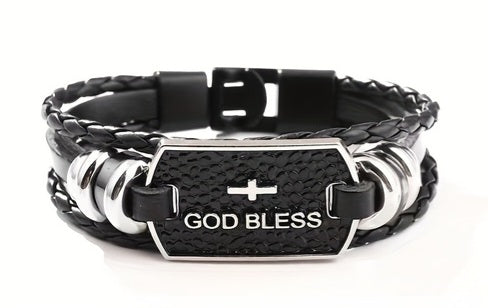 Faith based Leather GOD BLESS W/ CROSS Bracelet